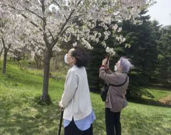 屋外で花を楽しむご利用者様とスタッフ